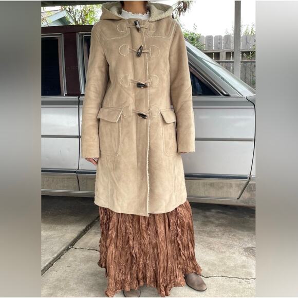 🔥GAP Faux Suede Shearling Mid Length Hooded Coat Jacket Toggle Button Size S - Picture 2 of 15